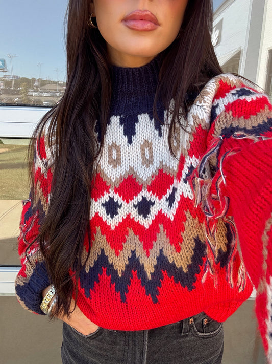 MOCK NECK FRINGE SWEATER