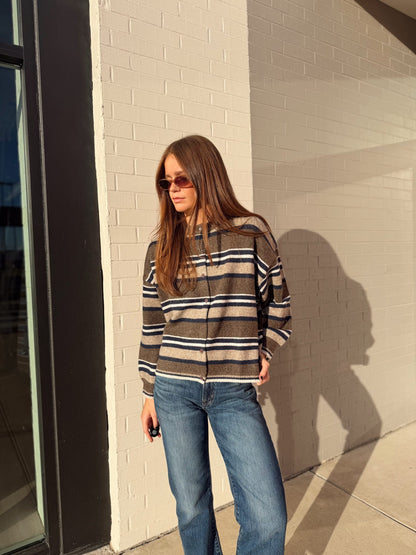 STRIPED CREW NECK BUTTON FRONT SWEATER CARDIGAN