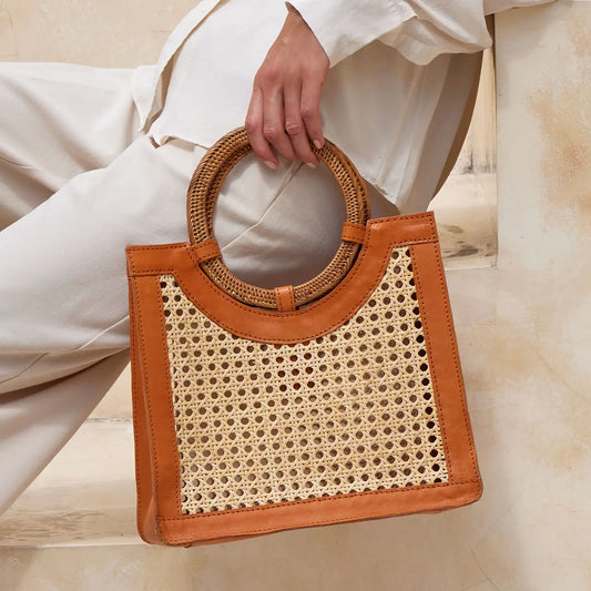 RATTAN WEAVE HANDBAG WITH ROUND HANDLE