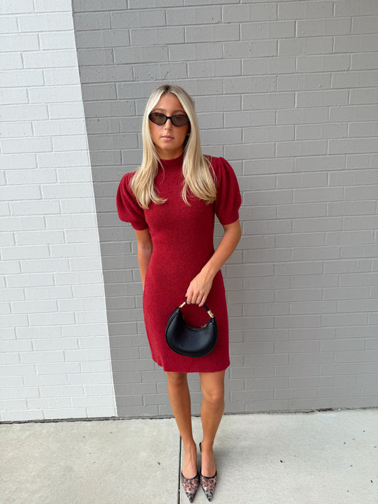 MOCK NECK PUFF SHORT SLEEVE MINI DRESS