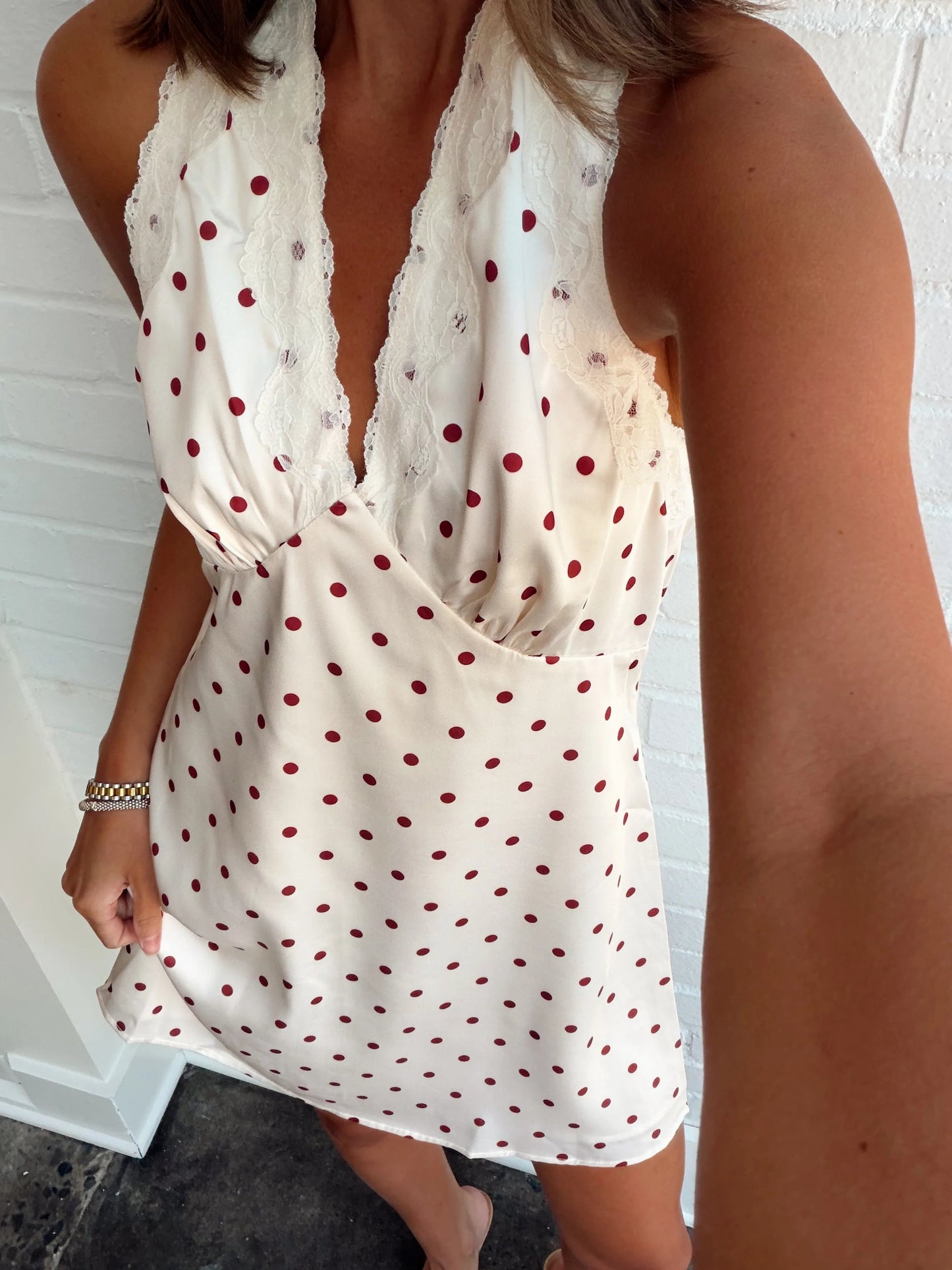 SATIN POLKA DOT HALTER DRESS W/ LACR DETAIL