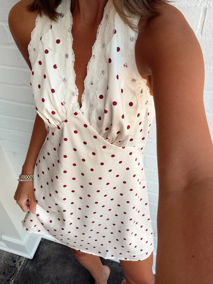 SATIN POLKA DOT HALTER DRESS W/ LACR DETAIL