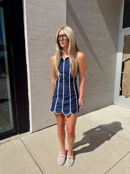 SCALLOP TRIM HALTER MINI DRESS