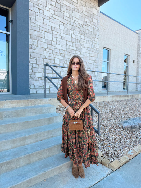 PAISLEY FLORAL PRINT BELTED MAXI DRESS
