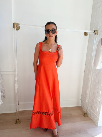 LINEN SCALLOPED DETAIL MIDI DRESS