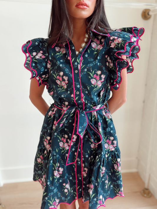 FLORAL RUFFLE SLEEVE TIE DRESS
