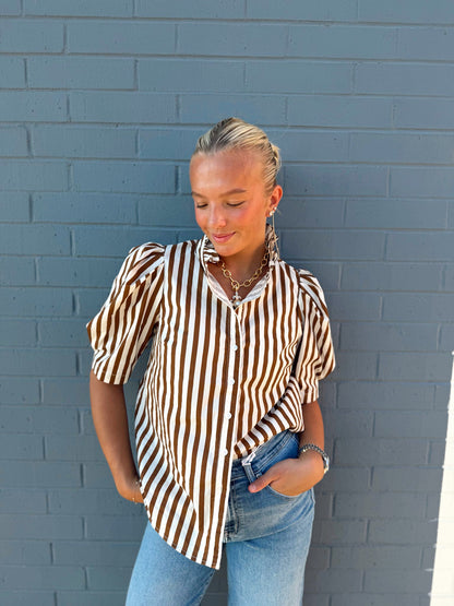 STRIPED RUFFLE NECK BUTTON UP