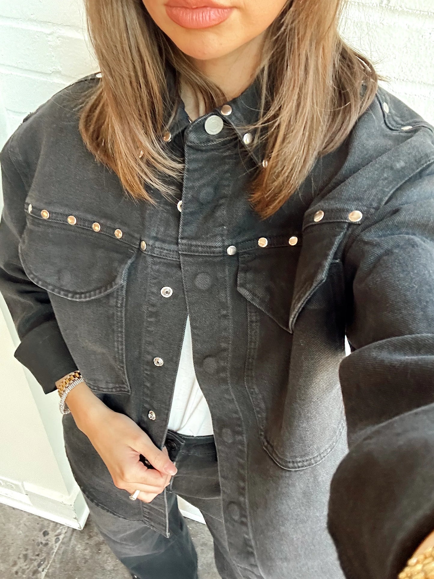 DENIM SHIRT JACKET W/ STUDS