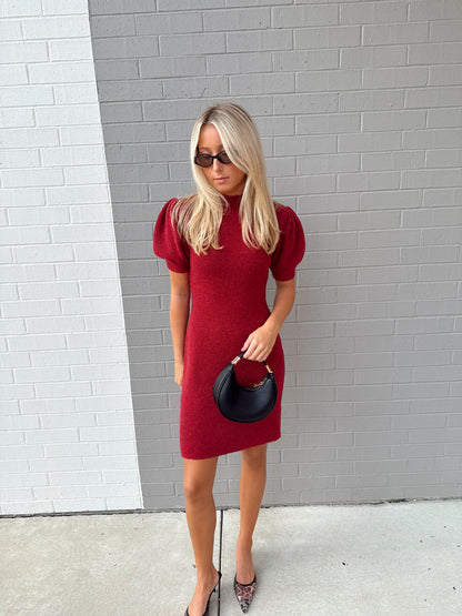 MOCK NECK PUFF SHORT SLEEVE MINI DRESS