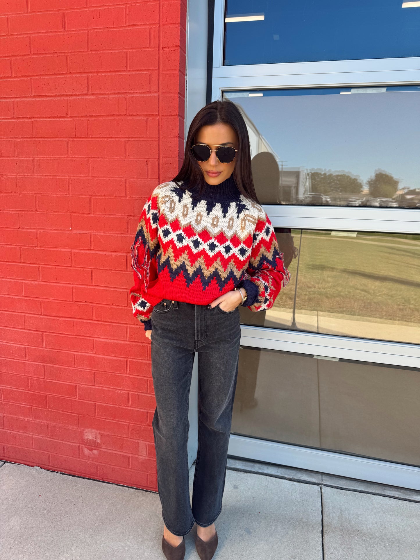 MOCK NECK FRINGE SWEATER