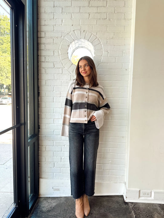CREWNECK STRIPE CARDIGAN