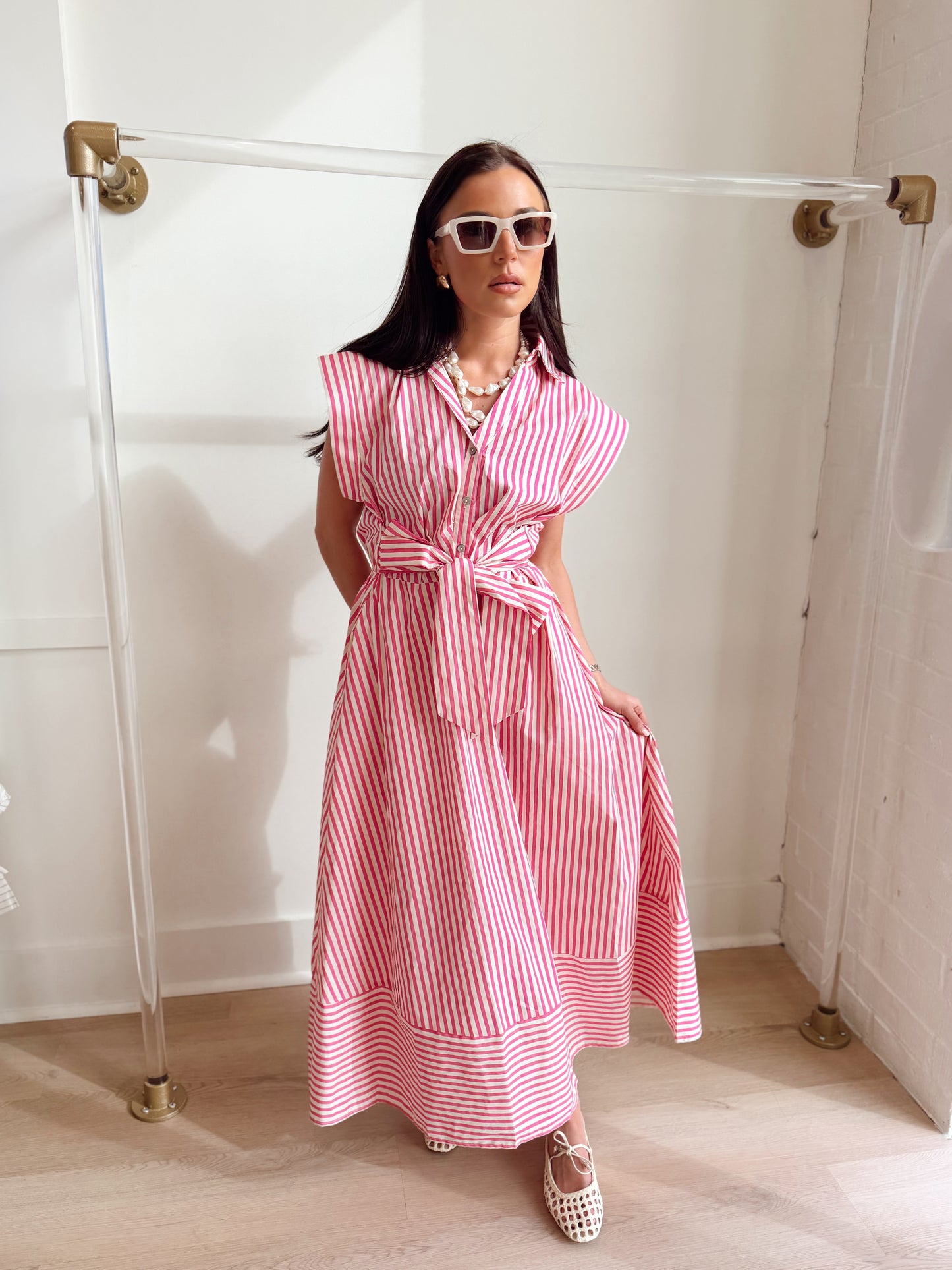 STRIPED TIE WAST MAXI DRESS