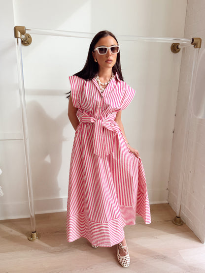 STRIPED TIE WAST MAXI DRESS