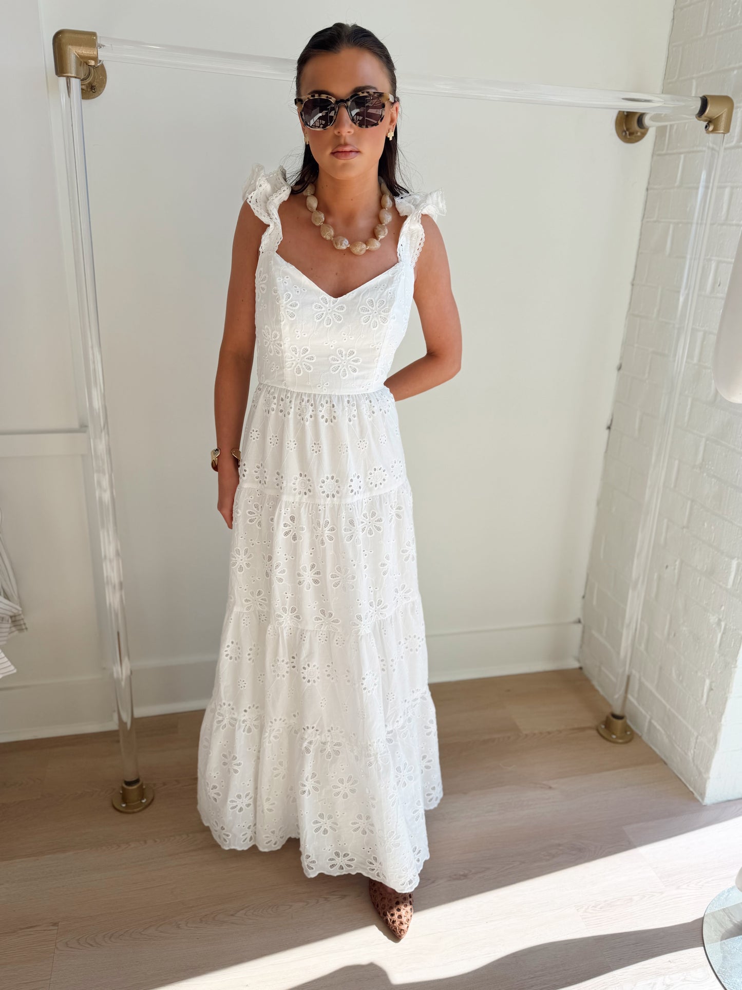 FLORAL EYELET RUFFLE SHOULDER MAXI DRESS
