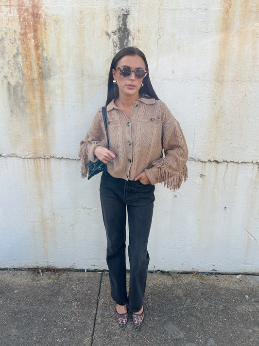 ELYSE CABLED FRINGE SWEATER CARDIGAN