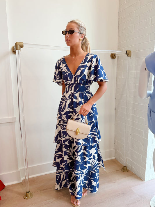 MAUREA FLORAL BELTED MAXI RUFFLE DRESS