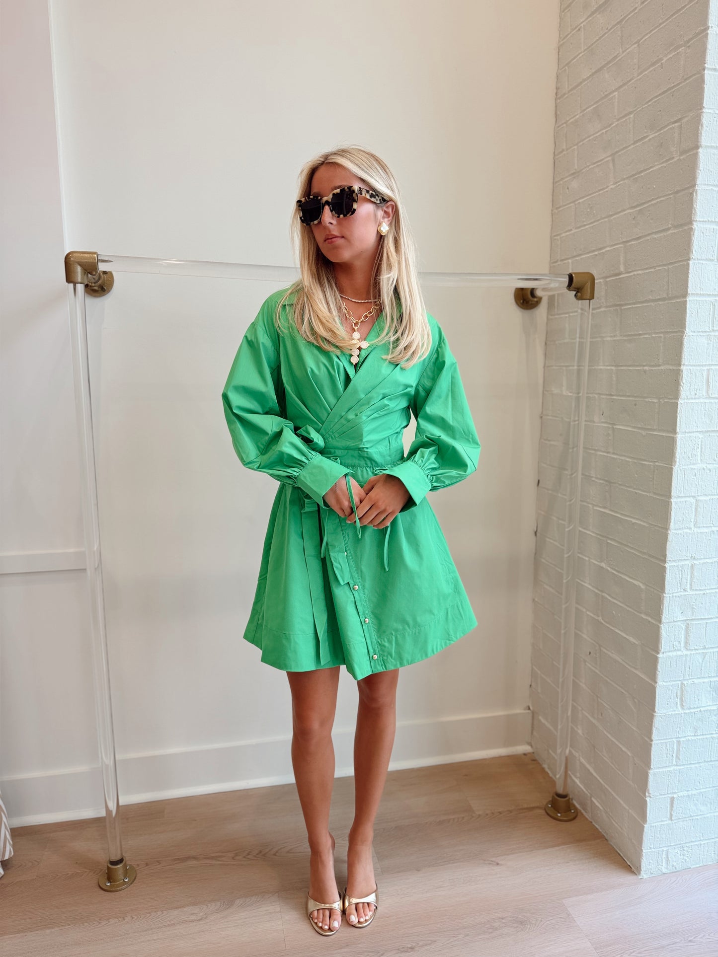 WRAP TIE GOLD BUTTON DOWN DRESS