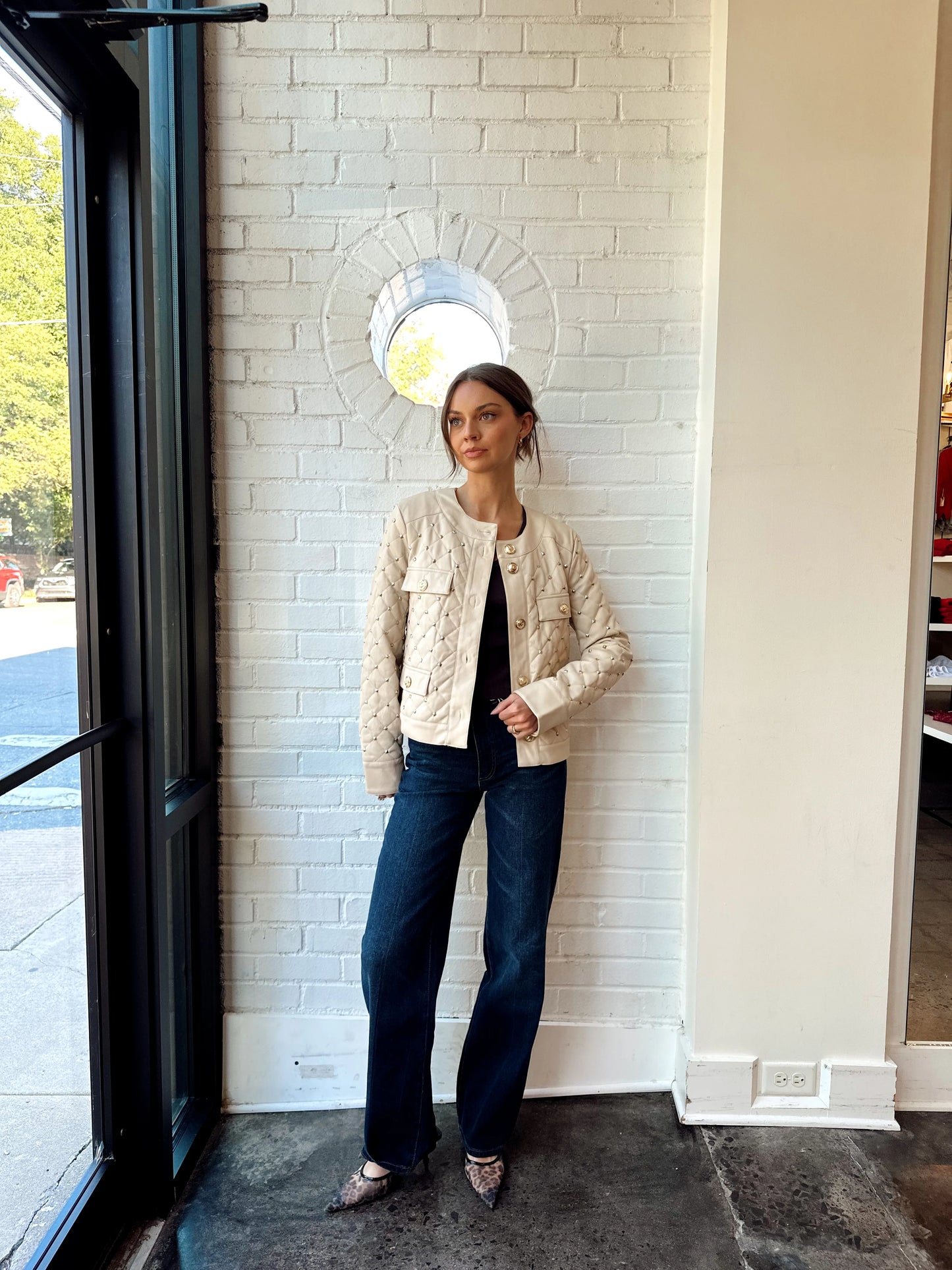 VEGAN LEATHER QUILT JACKET WITH STUDS