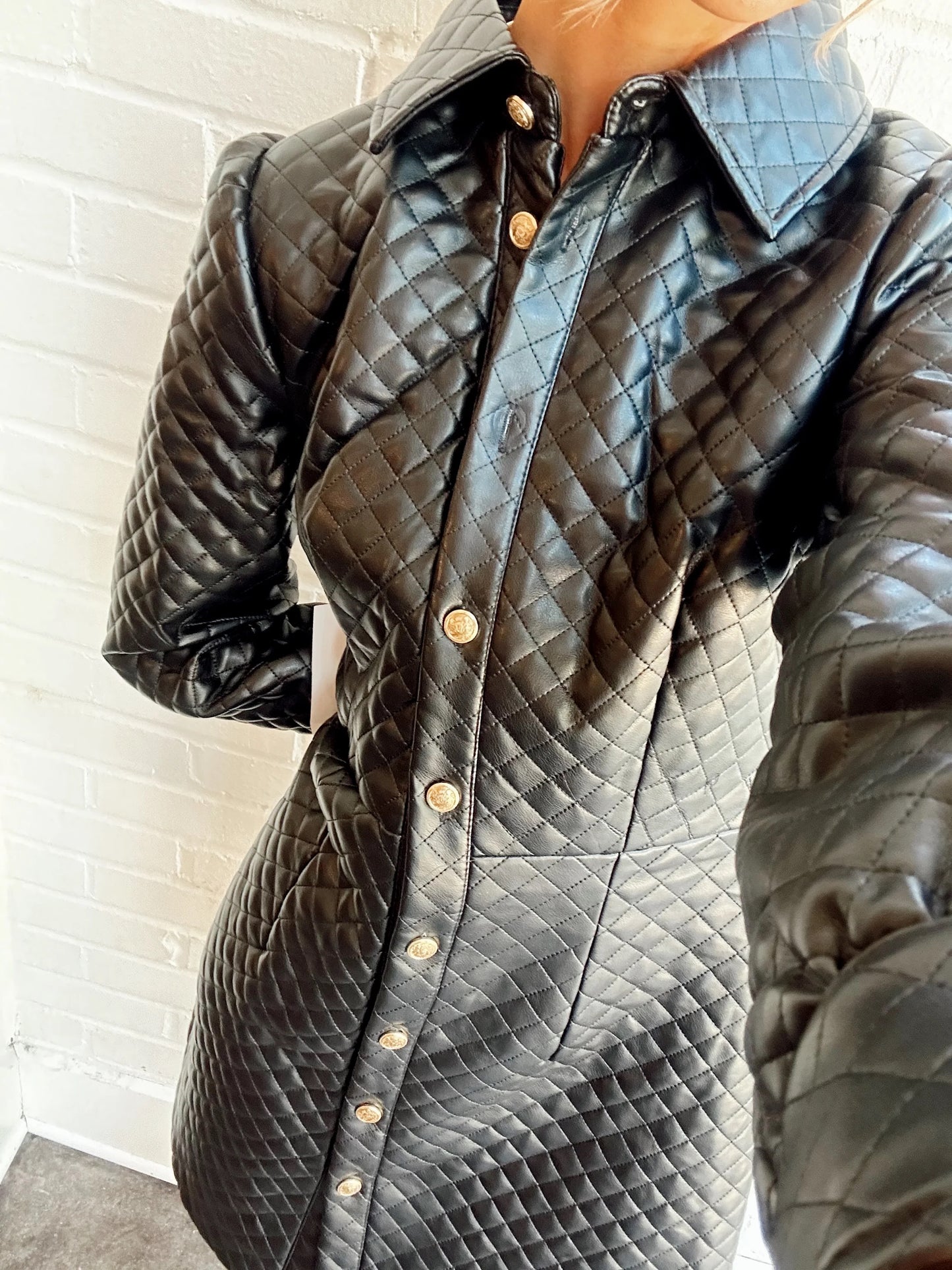 QUILTED FAUX LEATHER TAILORED DRESS