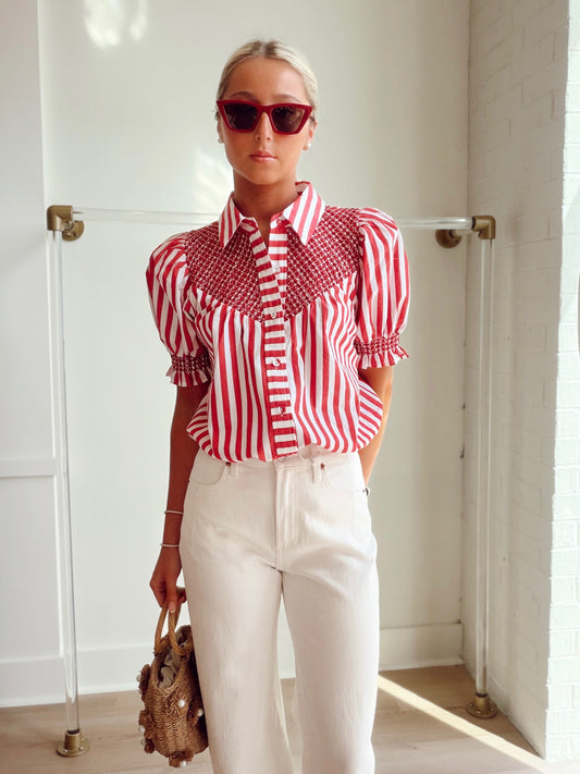 STRIPED BUTTON UP WITH SMOCKING