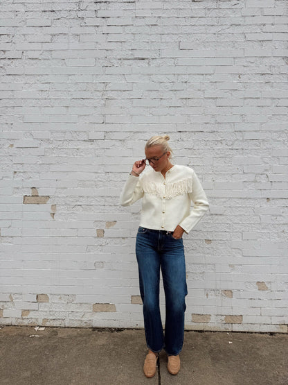 FRINGE BUTTON DOWN SWEATER