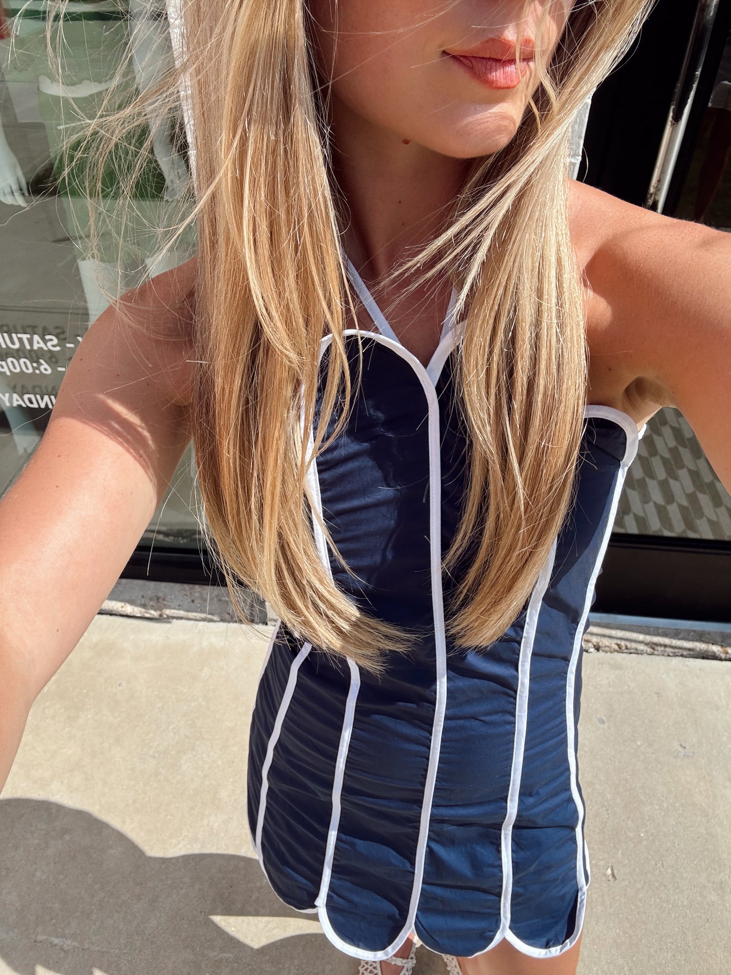 SCALLOP TRIM HALTER MINI DRESS