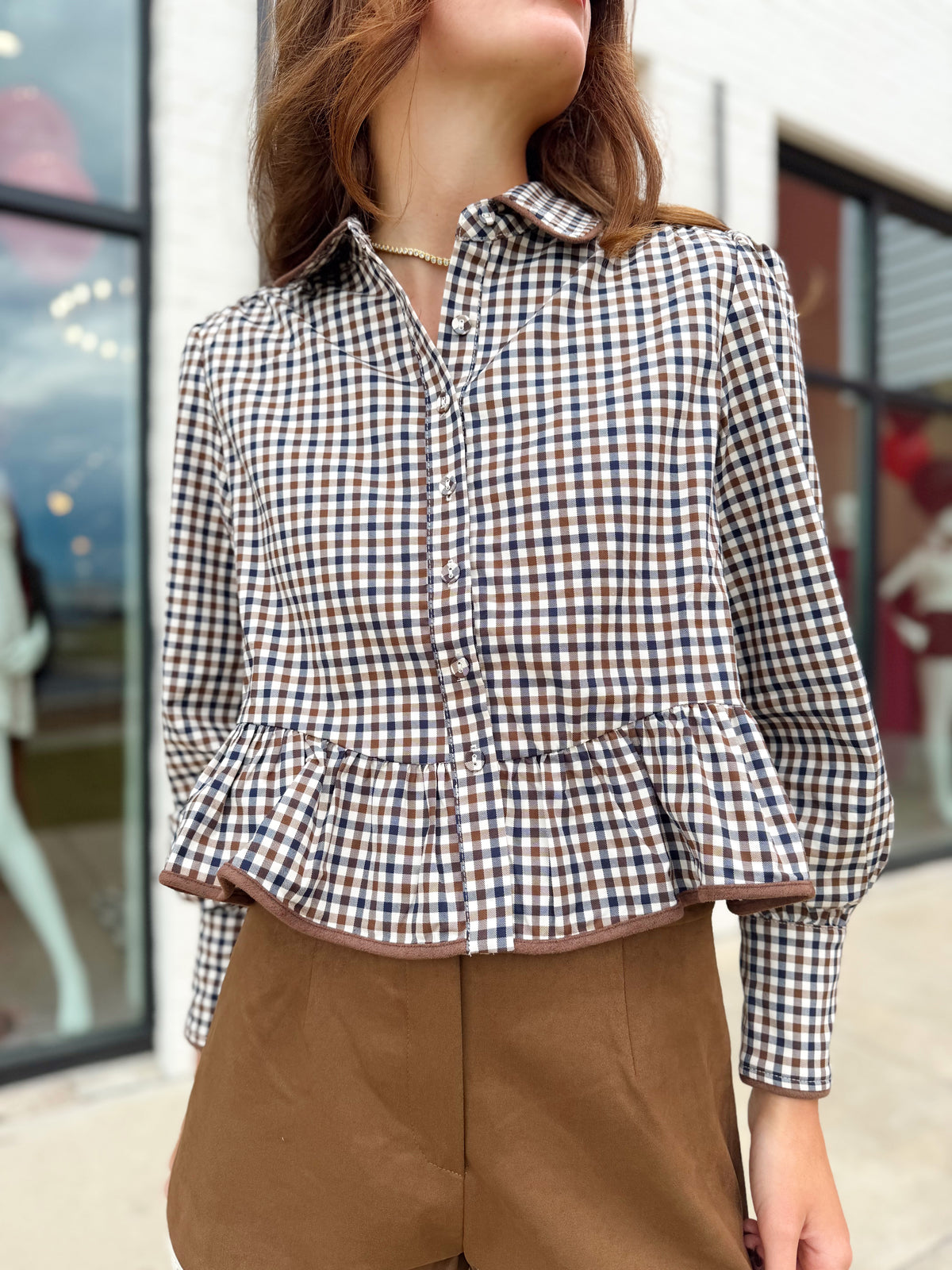 LONG SLEEVE GINGHAM COLLARED TOP