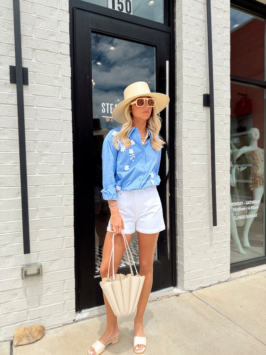 FLOWER STRIPE TRIM SHIRT