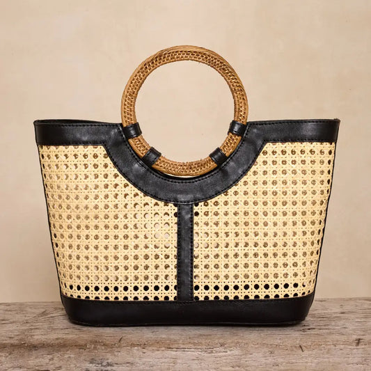 LARGE LEATHER TOTE WITH RATTAN HANDLE