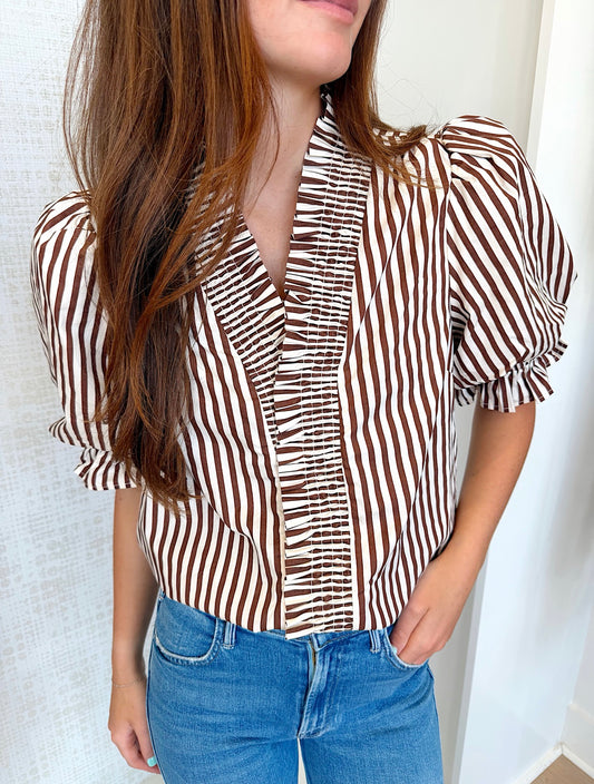 STRIPED SHORT SLEEVE BUTTON TOP