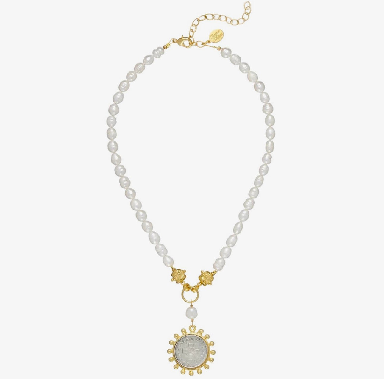 MIXED METAL MALTA COIN PEARL NECKLACE