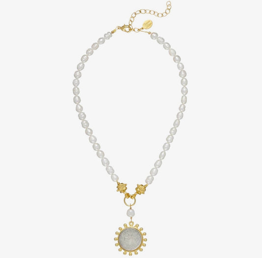 MIXED METAL MALTA COIN PEARL NECKLACE
