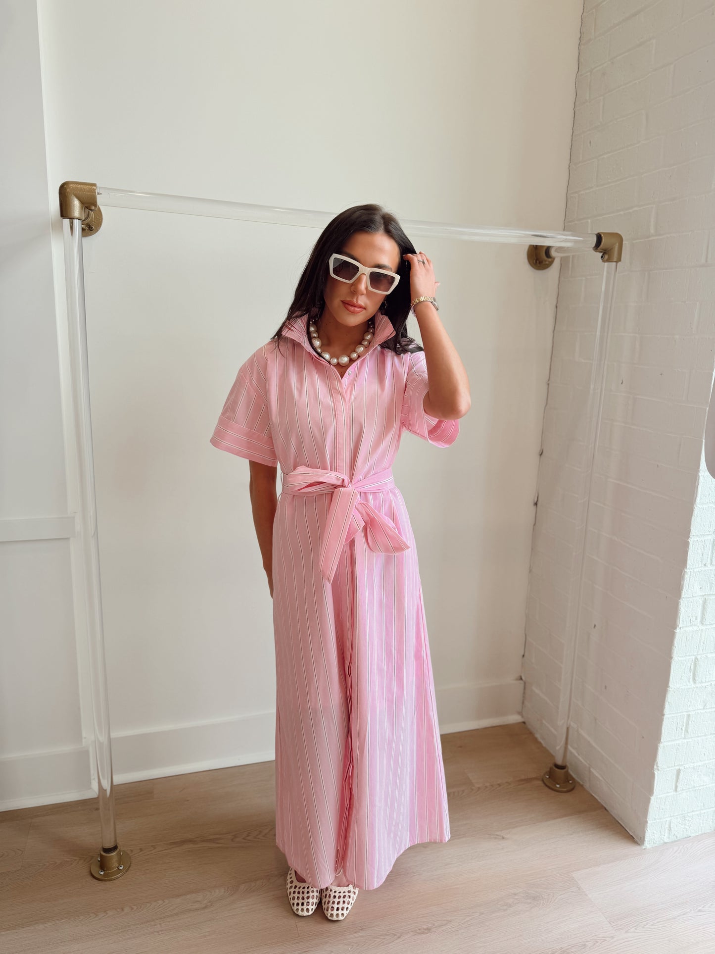 HIGH COLLAR PINK STRIPED MAXI
