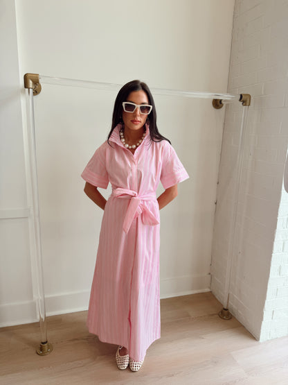 HIGH COLLAR PINK STRIPED MAXI