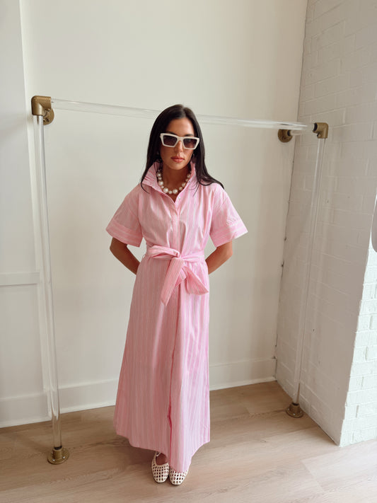HIGH COLLAR PINK STRIPED MAXI