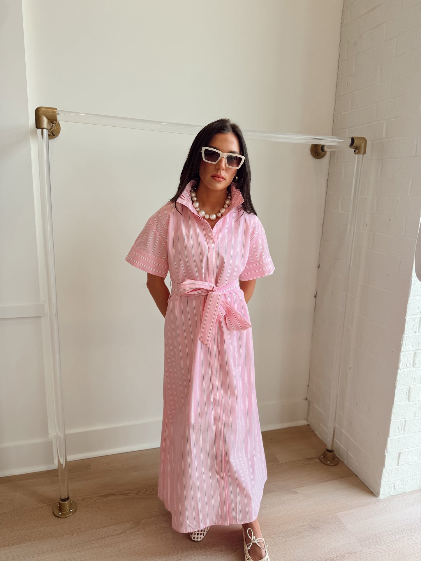 HIGH COLLAR PINK STRIPED MAXI