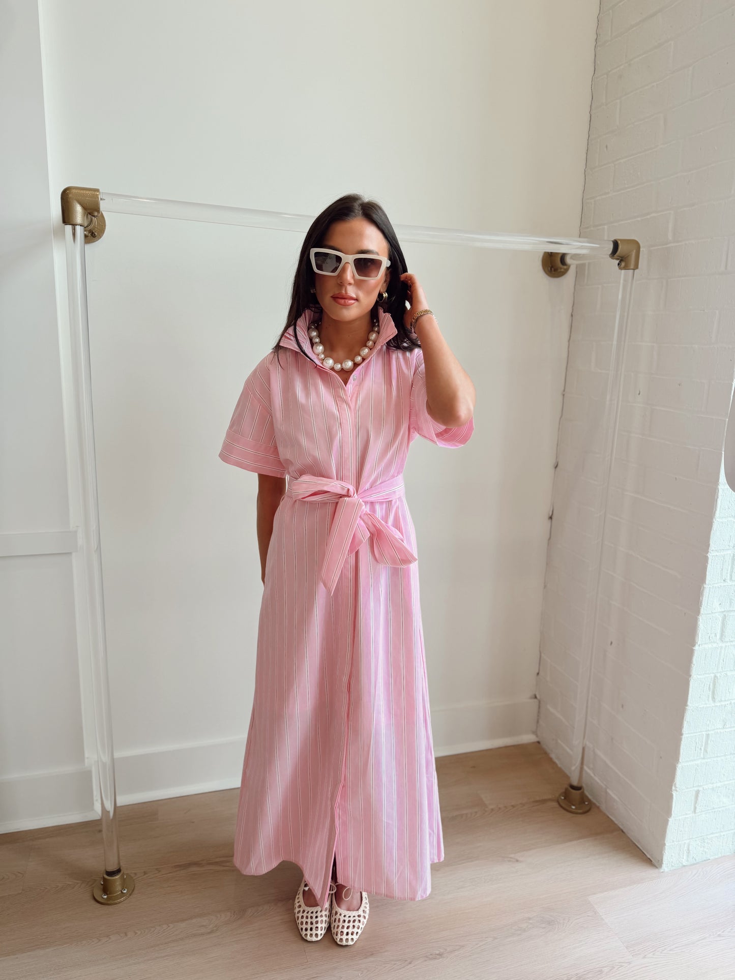 HIGH COLLAR PINK STRIPED MAXI