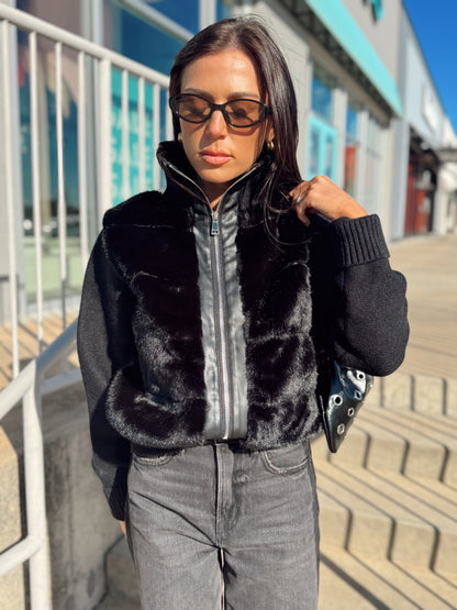 FAUX FUR VEGAN LEATHER TRIM QUILTED JACKET