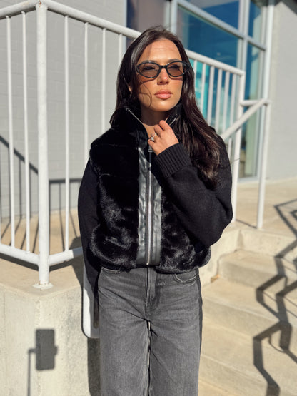 FAUX FUR VEGAN LEATHER TRIM QUILTED JACKET