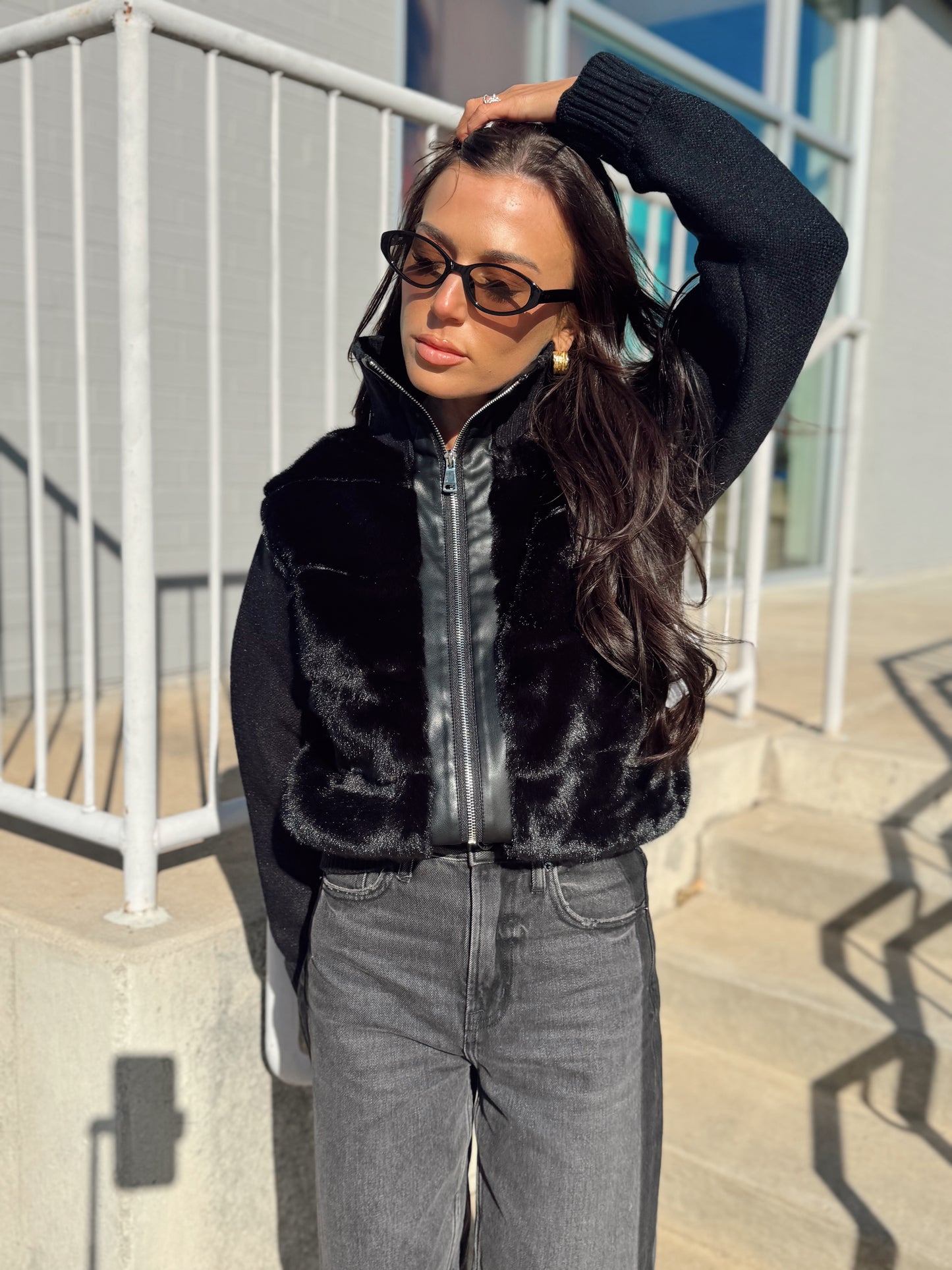 FAUX FUR VEGAN LEATHER TRIM QUILTED JACKET