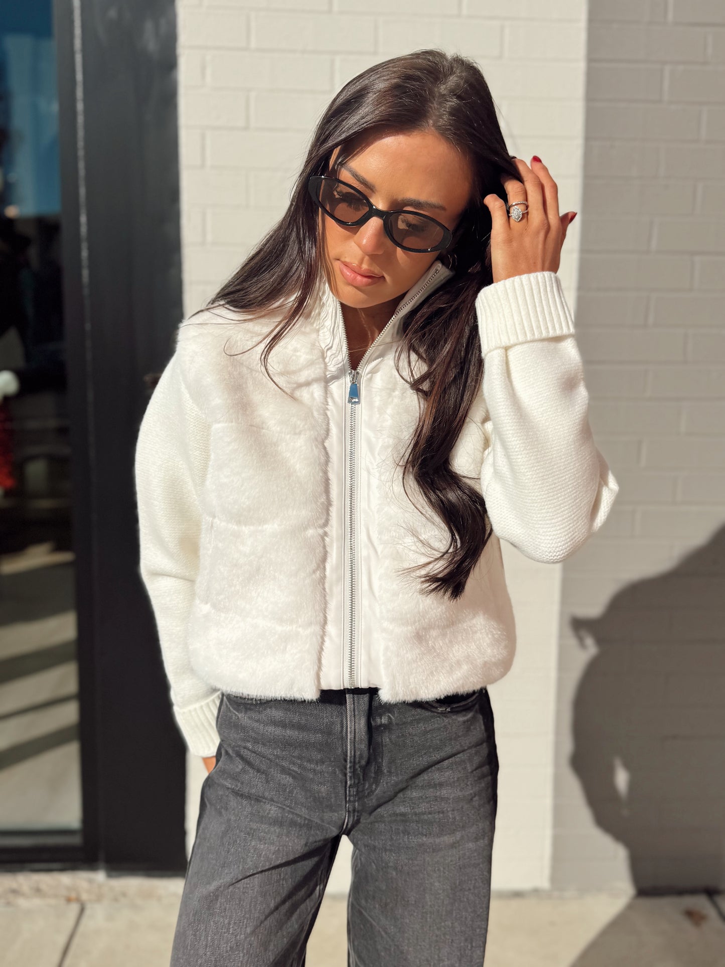 FAUX FUR VEGAN LEATHER TRIM QUILTED JACKET