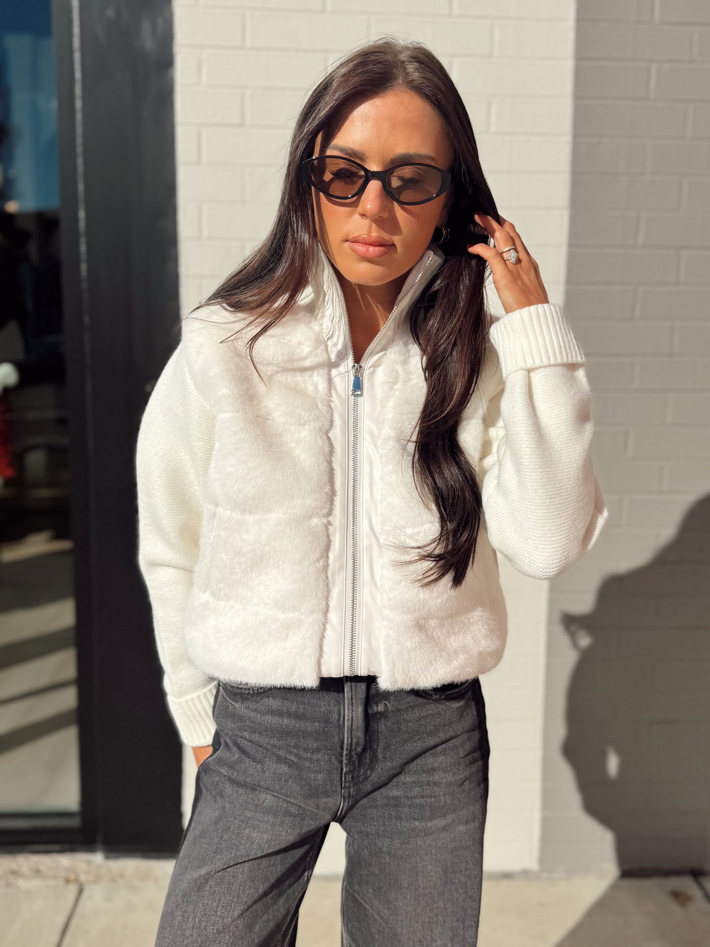 FAUX FUR VEGAN LEATHER TRIM QUILTED JACKET