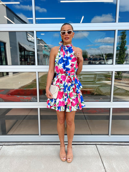 LIRAN FLORAL HALTER MINI DRESS