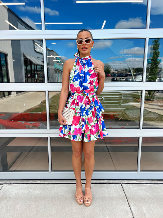 LIRAN FLORAL HALTER MINI DRESS