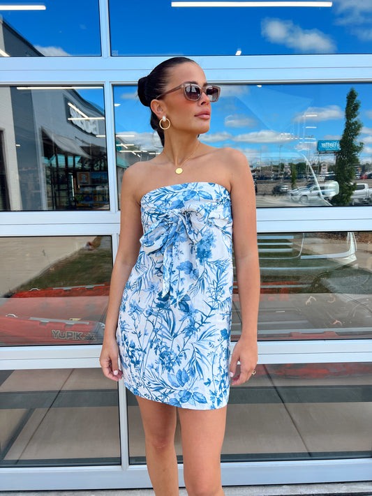 STRAPLESS FLORAL TIE DRESS