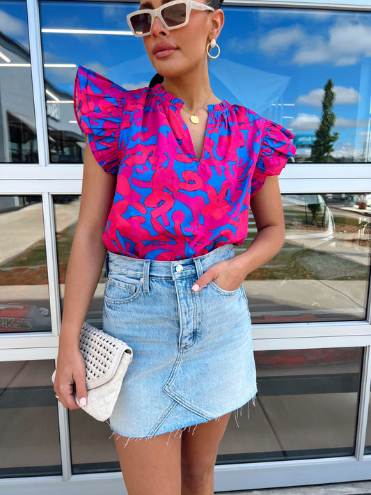 BERRY SPLIT NECK RUFFLE TOP