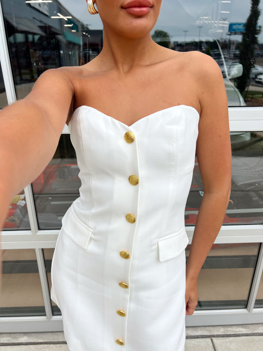 STRAPLESS BUTTON UP MINI DRESS