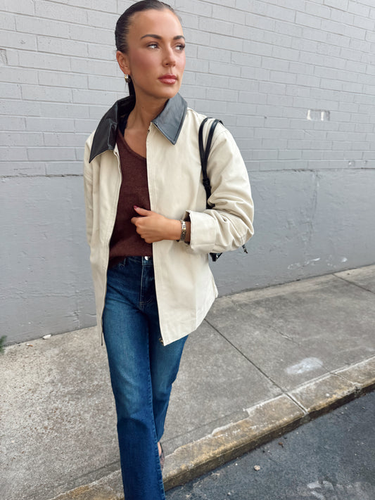 LEATHER COLLARED DENIM ECRU JACKET