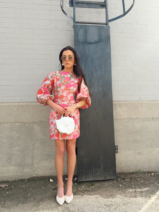 METALLIC FLORAL PUFF MINI DRESS