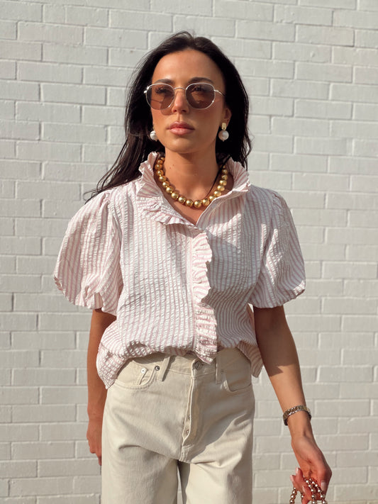 PUFF SLEEVE STRIPED BUTTON DOWN TOP